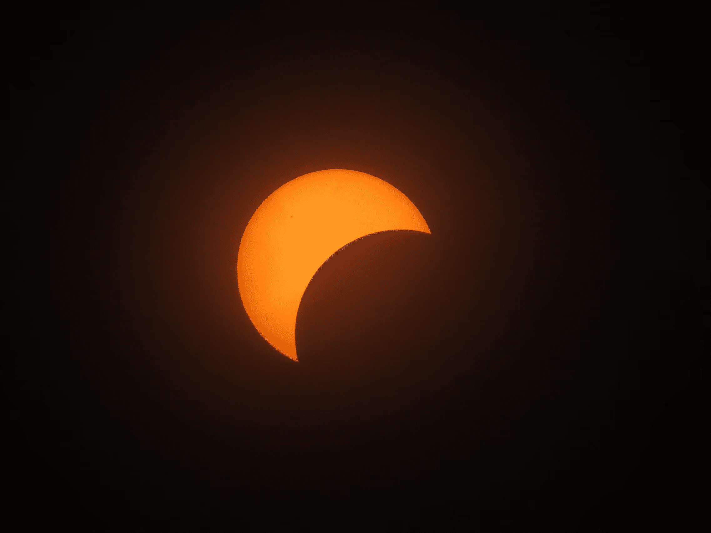 The Moon partially covers the orange disk of the Sun during a partial solar eclipse.