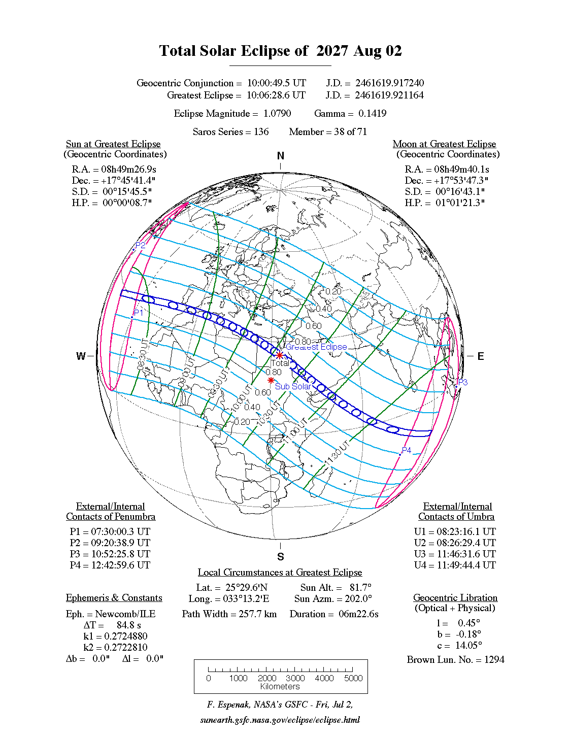 NASA map of the August 2, 2027 total solar eclipse path across southern Spain, North Africa and the Middle East
